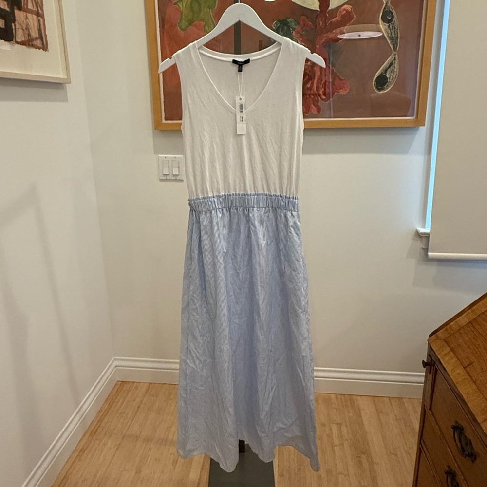 DREW White Sleeveless Top with Light Blue Skirt Midi Dress
